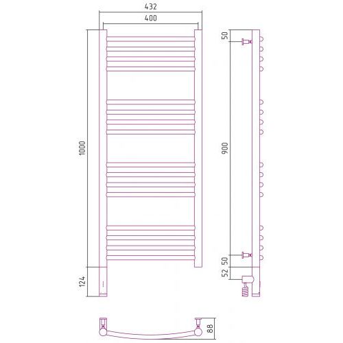 Полотенцесушитель электрический Богема 3.0 выгнутая 1000х400  МЭМ левый