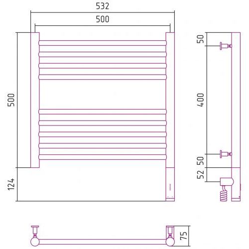 Полотенцесушитель электрический Богема 3.0 прямая 500х500  МЭМ правый