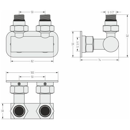 Модуль   угловой EU50 (2 х НР G 1/2 / 2 х НГ G 3/4)